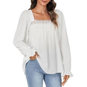Rooscier Women's Fall Puff Long Sleeve Square Neck Loose Cute Casual Blouse Shirt Top