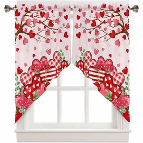 Valentine's Day Swag Curtains, Love Heart Branch Swag Valances for Windows Rod Pocket Rose Kitchen Curtains Valances Scalloped Valance/Swag Valentine Window Treatment (28" W x 36" L Each Panel)