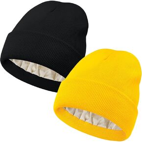 Durio 2 Pack Satin Lined Beanie for Women Warm Winter hat Soft Knitted Silk Lined Beanie Hat for Women Men Slouchy