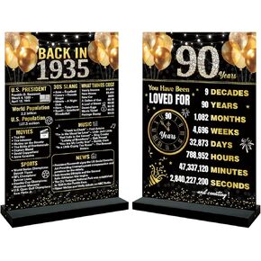 Trgowaul 90th Birthday Decorations Women Men, Double Print Black Gold Back in 1935 Birthday Poster Acrylic Table Sign with Stand, 90 Anniversary Decor Gifts for Men,Vintage 1935 Supplies 90 Birthday