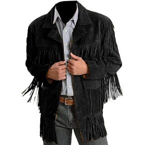 Suede Leather Jacket for Men's Western Cowboy Native American Black Fringe Beaded Coat Outerwear