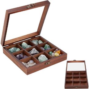 INFUNLY 7.9x7.9 Inch Pine Wooden Crystal Storage Box with Acrylic Lid Crystal Organizer for Stones with 9 Fixed Compartments Organize Your Crystals Stones Crystal Holder for Stones Display