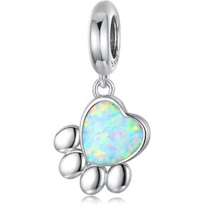 Qings Pet Paw Print Charms - Cute Footprint Bead Heart-shaped Opal Pendant 925 Sterling Silver Platinum Plated for Bracelet Necklace Gift for Women