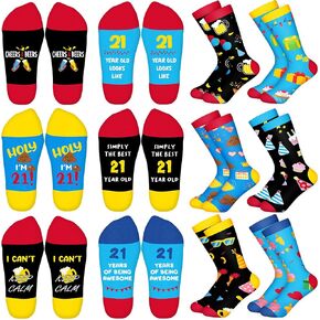 6 Pairs 21st Birthday Gifts Ideas Socks, 21st Birthday Gifts for Her Him, Ideal Gifts for 21 Year Old Woman Men Casual Socks High Ankle Socks(21st Birthday)