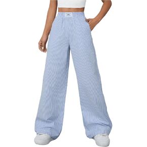 Milumia Women's Striped Wide Leg Pants Elastic High Waist Pocket Long Trousers
