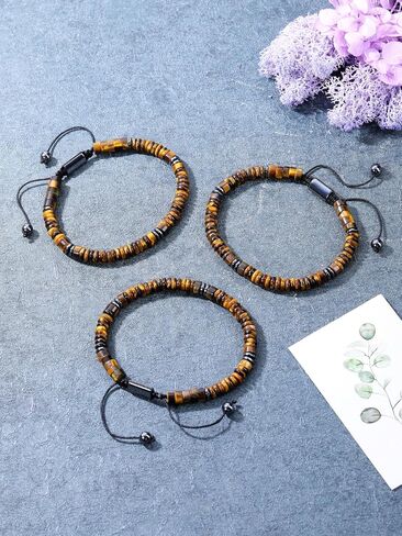 Top Plaza Mens Tiger Eye Stone Bracelet Natural Healing Crystal Beaded Bracelet Adjustable Handmade Braided Rope Gemstone Bracelets for Men Christmas Gifts in Saudi Arabia