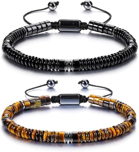 Top Plaza Mens Tiger Eye Stone Bracelet Natural Healing Crystal Beaded Bracelet Adjustable Handmade Braided Rope Gemstone Bracelets for Men Christmas Gifts in Saudi Arabia
