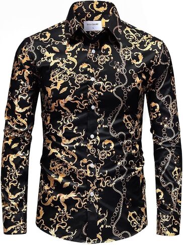 Mens Black Gold Buchona Chain Dress Shirts Luxury Baroque Print Long Sleeve Button Up Silky Shirt in Kuwait
