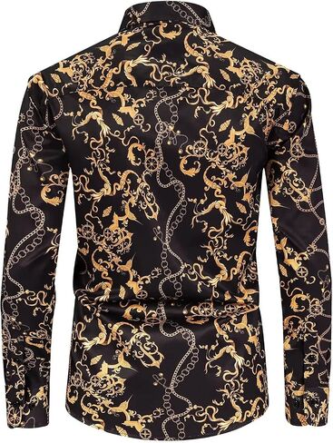 Mens Black Gold Buchona Chain Dress Shirts Luxury Baroque Print Long Sleeve Button Up Silky Shirt in Kuwait