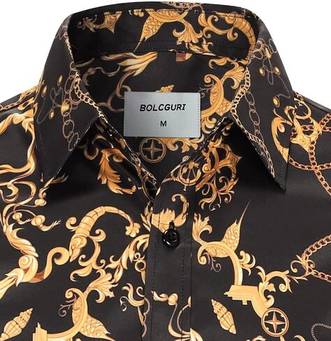 Mens Black Gold Buchona Chain Dress Shirts Luxury Baroque Print Long Sleeve Button Up Silky Shirt in Kuwait