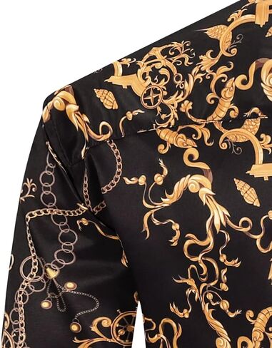 Mens Black Gold Buchona Chain Dress Shirts Luxury Baroque Print Long Sleeve Button Up Silky Shirt in Kuwait