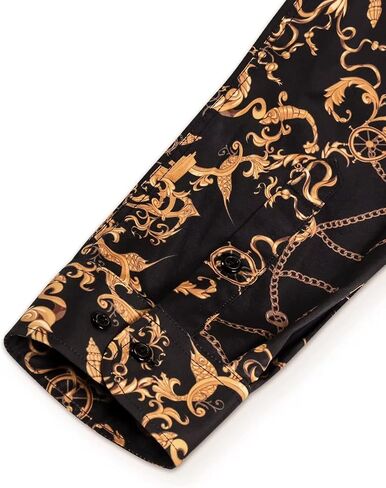 Mens Black Gold Buchona Chain Dress Shirts Luxury Baroque Print Long Sleeve Button Up Silky Shirt in Kuwait
