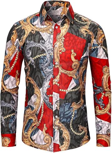قمصان رجالي بسلسلة Buchona باللون الأسود والذهبي، قميص حريري بأكمام طويلة وطباعة باروكية فاخرة in Kuwait