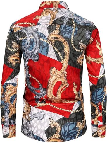 قمصان رجالي بسلسلة Buchona باللون الأسود والذهبي، قميص حريري بأكمام طويلة وطباعة باروكية فاخرة in Kuwait