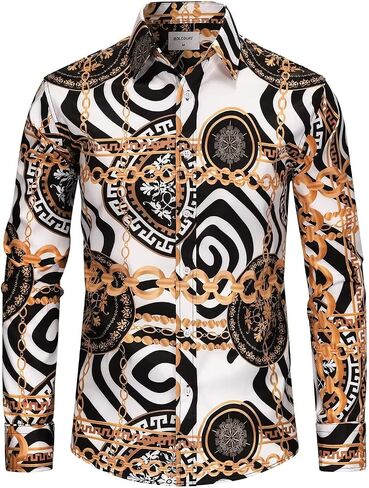 Mens Black Gold Buchona Chain Dress Shirts Luxury Baroque Print Long Sleeve Button Up Silky Shirt in Kuwait