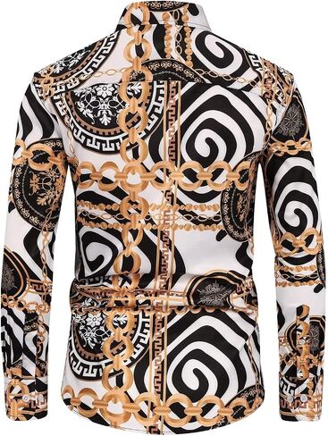 Mens Black Gold Buchona Chain Dress Shirts Luxury Baroque Print Long Sleeve Button Up Silky Shirt in Kuwait