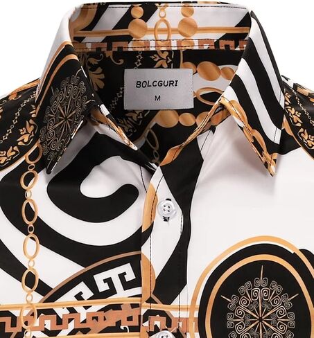 Mens Black Gold Buchona Chain Dress Shirts Luxury Baroque Print Long Sleeve Button Up Silky Shirt in Kuwait