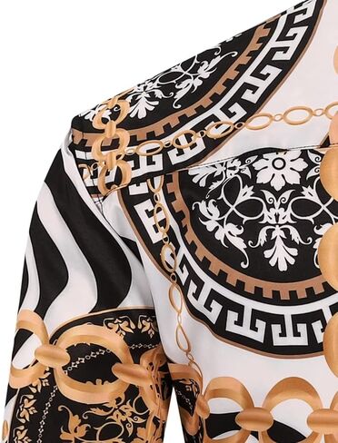 Mens Black Gold Buchona Chain Dress Shirts Luxury Baroque Print Long Sleeve Button Up Silky Shirt in Kuwait