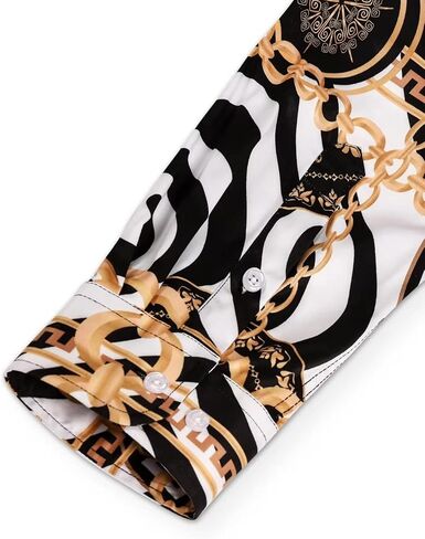 Mens Black Gold Buchona Chain Dress Shirts Luxury Baroque Print Long Sleeve Button Up Silky Shirt in Kuwait