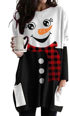 سويت شيرت نسائي طويل من BOFETA بتصميم Merry Christmas بياقة دائرية وأكمام طويلة وجيوب in Kuwait