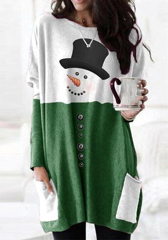 سويت شيرت نسائي طويل من BOFETA بتصميم Merry Christmas بياقة دائرية وأكمام طويلة وجيوب in Kuwait
