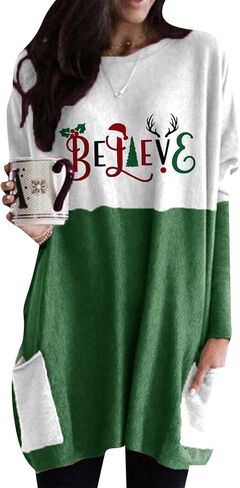 سويت شيرت نسائي طويل من BOFETA بتصميم Merry Christmas بياقة دائرية وأكمام طويلة وجيوب in Kuwait