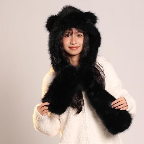 KAHHZA Hooded Scarf Hat Gloves for Women Winter Fur Bear Ears Hat 3 in 1 Plush Animal Hat with Mittens Furry Cute Warm in Saudi Arabia