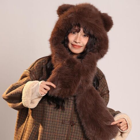 KAHHZA Hooded Scarf Hat Gloves for Women Winter Fur Bear Ears Hat 3 in 1 Plush Animal Hat with Mittens Furry Cute Warm in Saudi Arabia