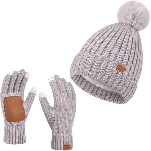 Womens Winter Beanie Hat with Pom and Touchscreen Gloves Set，Soft Warm Knit Cap and Gloves with Faux Suede for Cold Weather in Saudi Arabia