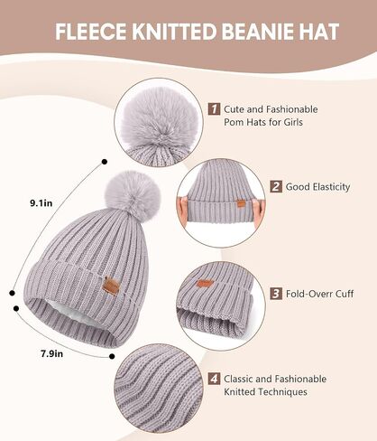 Womens Winter Beanie Hat with Pom and Touchscreen Gloves Set，Soft Warm Knit Cap and Gloves with Faux Suede for Cold Weather in Saudi Arabia