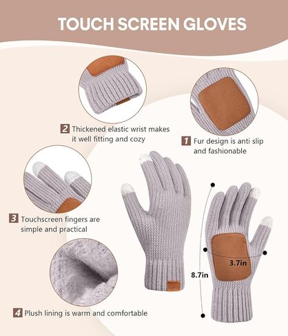 Womens Winter Beanie Hat with Pom and Touchscreen Gloves Set，Soft Warm Knit Cap and Gloves with Faux Suede for Cold Weather in Saudi Arabia