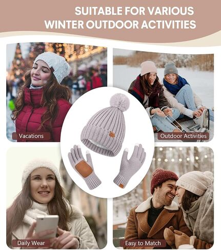 Womens Winter Beanie Hat with Pom and Touchscreen Gloves Set，Soft Warm Knit Cap and Gloves with Faux Suede for Cold Weather in Saudi Arabia