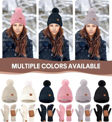 Womens Winter Beanie Hat with Pom and Touchscreen Gloves Set，Soft Warm Knit Cap and Gloves with Faux Suede for Cold Weather in Saudi Arabia