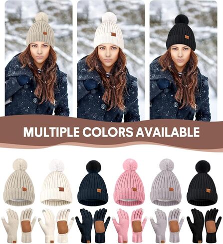 Womens Winter Beanie Hat with Pom and Touchscreen Gloves Set，Soft Warm Knit Cap and Gloves with Faux Suede for Cold Weather in Saudi Arabia
