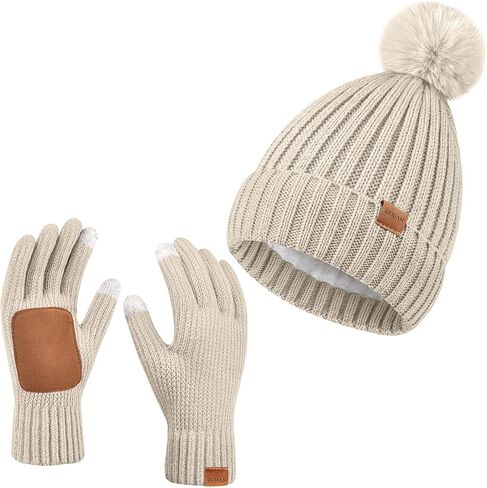 Womens Winter Beanie Hat with Pom and Touchscreen Gloves Set，Soft Warm Knit Cap and Gloves with Faux Suede for Cold Weather in Saudi Arabia