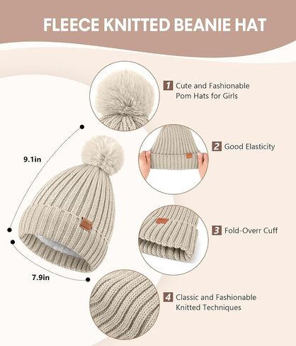 Womens Winter Beanie Hat with Pom and Touchscreen Gloves Set，Soft Warm Knit Cap and Gloves with Faux Suede for Cold Weather in Saudi Arabia
