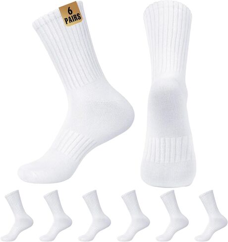 MUQU Mens White Crew Socks - Sports Thin Athletic Breathable Running Long Socks 6 Pairs in Kuwait