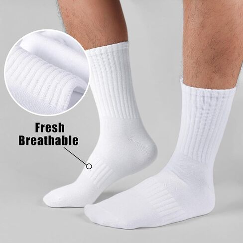 MUQU Mens White Crew Socks - Sports Thin Athletic Breathable Running Long Socks 6 Pairs in Kuwait