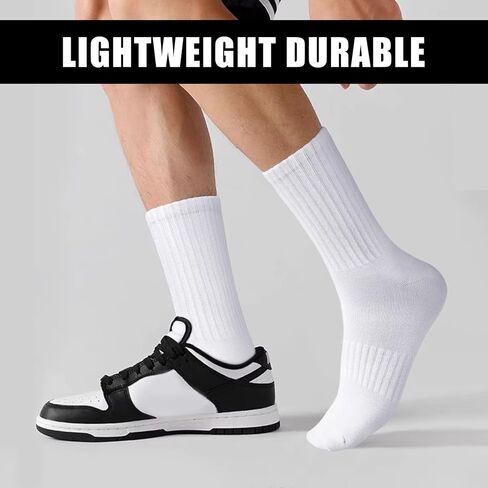 MUQU Mens White Crew Socks - Sports Thin Athletic Breathable Running Long Socks 6 Pairs in Kuwait