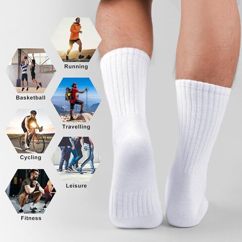 MUQU Mens White Crew Socks - Sports Thin Athletic Breathable Running Long Socks 6 Pairs in Kuwait