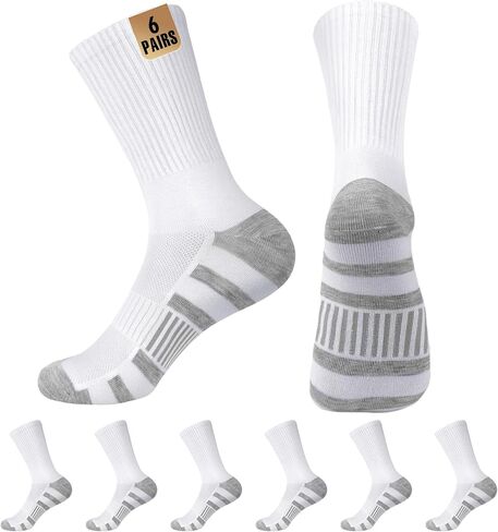 MUQU Mens White Crew Socks - Sports Thin Athletic Breathable Running Long Socks 6 Pairs in Kuwait