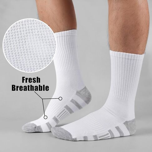 MUQU Mens White Crew Socks - Sports Thin Athletic Breathable Running Long Socks 6 Pairs in Kuwait