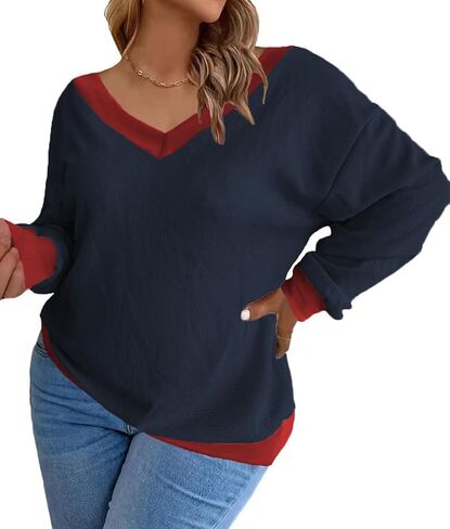 Plus-Size-Sweaters for Women Long Sleeve Waffle Knit V Neck Pullover Tops 1X-5X in Saudi Arabia
