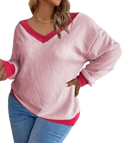 Plus-Size-Sweaters for Women Long Sleeve Waffle Knit V Neck Pullover Tops 1X-5X in Saudi Arabia