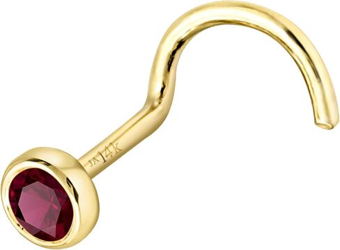 Solid 14K Gold Nose Screw Stud Bezel Set Ruby 22G Cork-screw Nose Stud - 14K White Gold / 14K Yellow Gold July Birthstone Nose Ring Stud in Kuwait