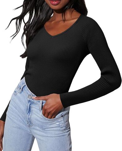 Women's 2024 V Neck Sweaters Fashion Fitted Long Sleeve Ribbed Knitted Pullover Trendy Business Work Tops in Saudi Arabia