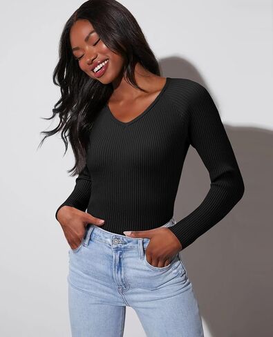 Women's 2024 V Neck Sweaters Fashion Fitted Long Sleeve Ribbed Knitted Pullover Trendy Business Work Tops in Saudi Arabia