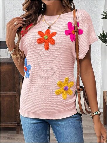 Milumia Women's Color Block Flower Short Sleeve Sweater Plullover Knit Tops in Saudi Arabia