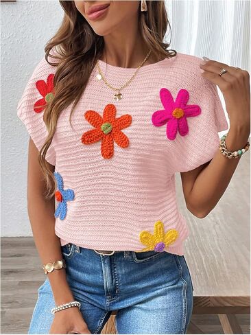 Milumia Women's Color Block Flower Short Sleeve Sweater Plullover Knit Tops in Saudi Arabia