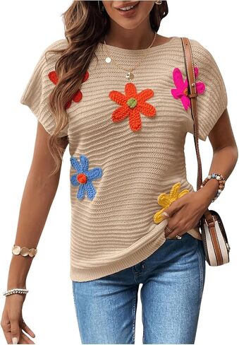 Milumia Women's Color Block Flower Short Sleeve Sweater Plullover Knit Tops in Saudi Arabia